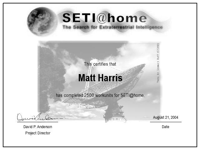 SetiAtHome 2500 Work Unit Certificate For Matt Harris 